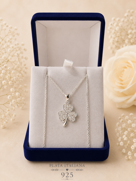 Collar de trébol micro circón Plata italiana 925