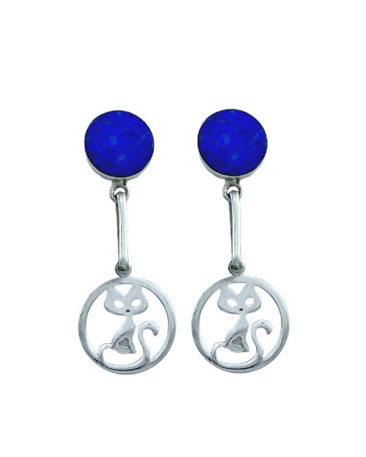 Aros colgantes lapislázuli, diseño gatita plata nacional 950