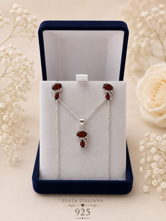Conjunto gatito rubí Plata italiana 925 45cm