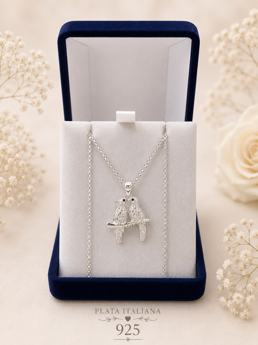 Collar pareja de pajaritos micro circón Plata italiana 925