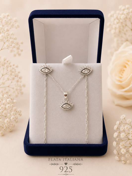 Conjunto ojo turco micro circón Plata italiana 925