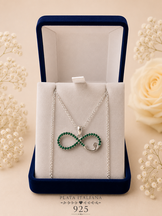 Collar infinito micro circón esmeralda Plata italiana 925