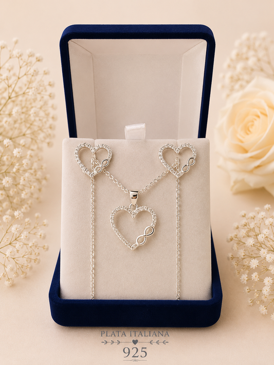 Conjunto corazón infinito micro circón Plata italiana 925
